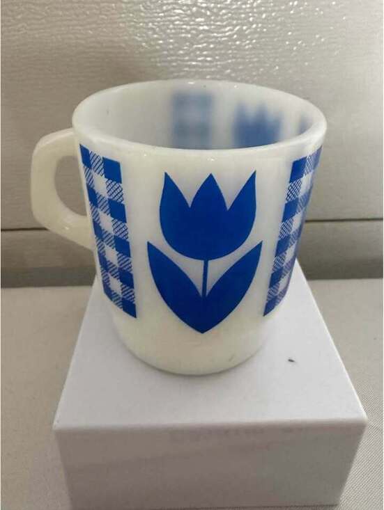 Other - Vintage Fire-King Milk Glass Blue Tulip & Gingham Mug